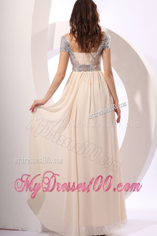 Empire Chiffon Scoop Champagne Long Evening Dress with Short Sleeves