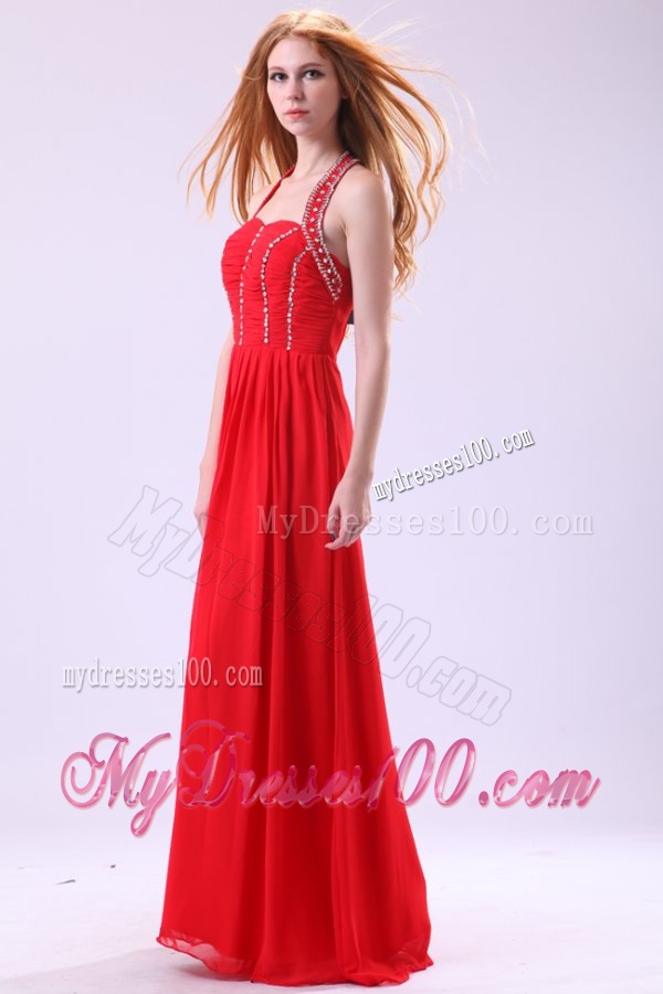 Empire Halter Beading Floor-length Red Chiffon Evening Dress