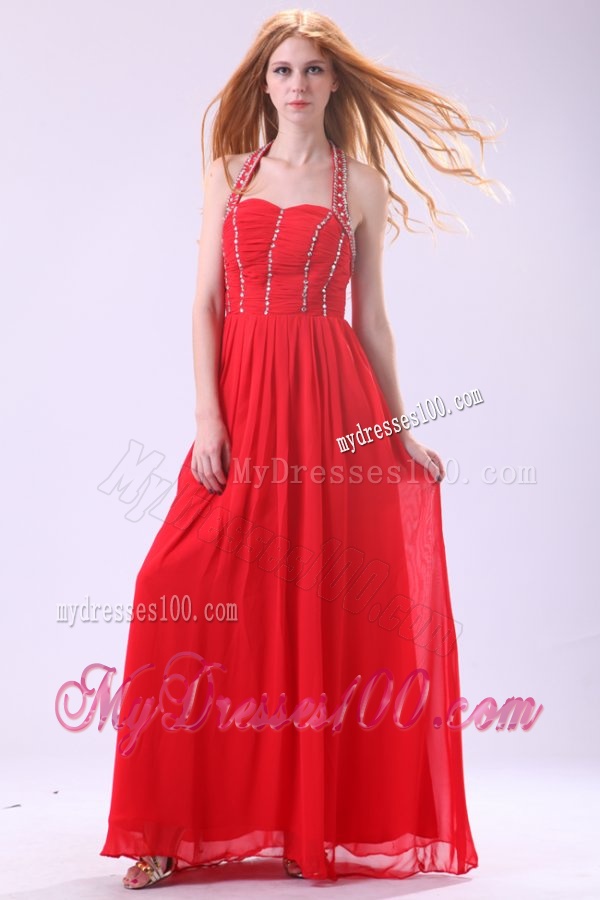 Empire Halter Beading Floor-length Red Chiffon Evening Dress