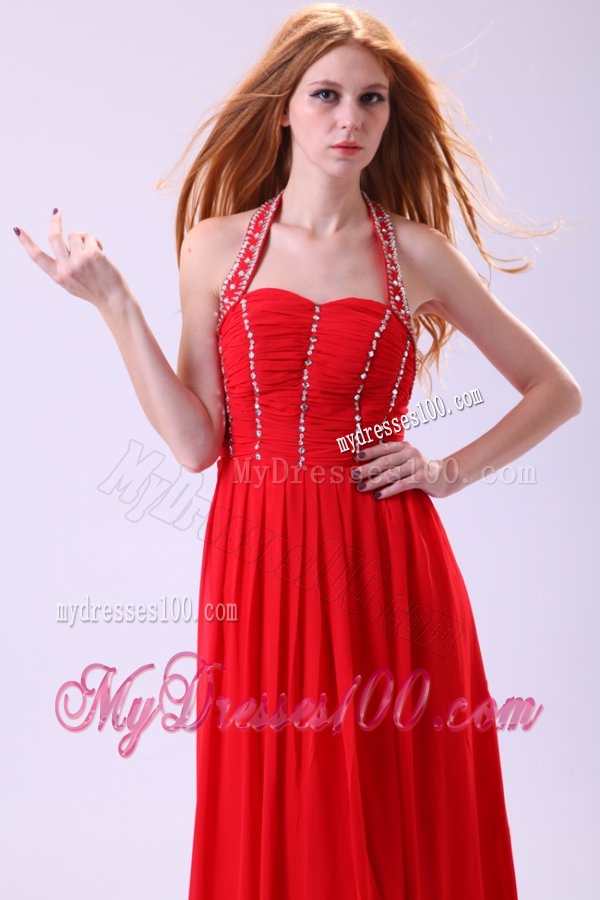 Empire Halter Beading Floor-length Red Chiffon Evening Dress