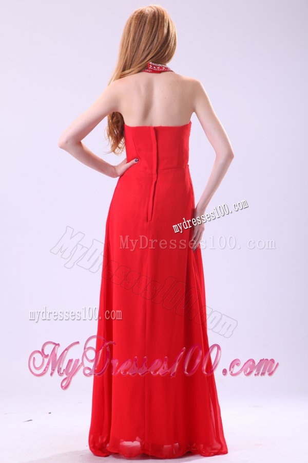 Empire Halter Beading Floor-length Red Chiffon Evening Dress