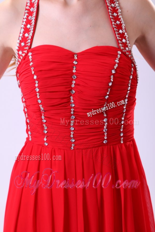 Empire Halter Beading Floor-length Red Chiffon Evening Dress