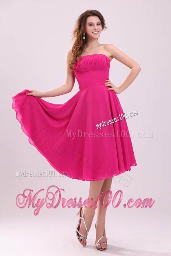 Empire Hot Pink Strapless Ruching Chiffon 2016 Evening Dress