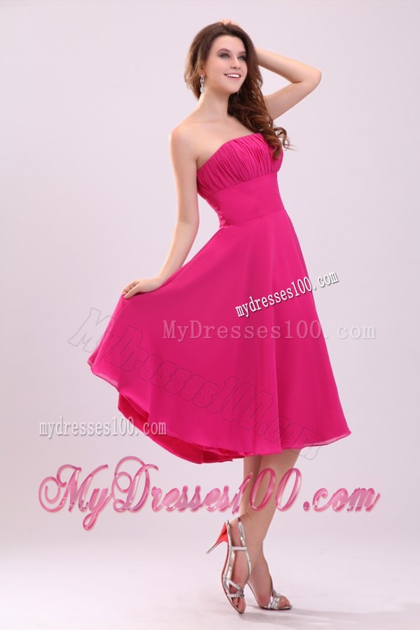 Empire Hot Pink Strapless Ruching Chiffon 2016 Evening Dress