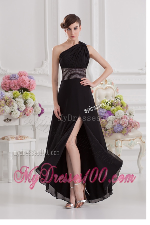 Empire One Shoulder Black Evening Dress with Beading and High Slit