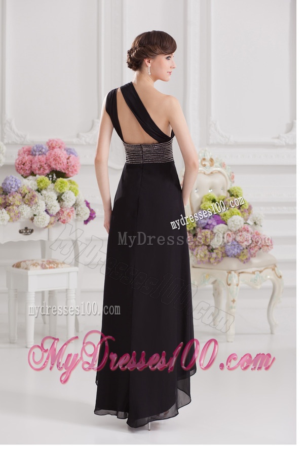 Empire One Shoulder Black Evening Dress with Beading and High Slit