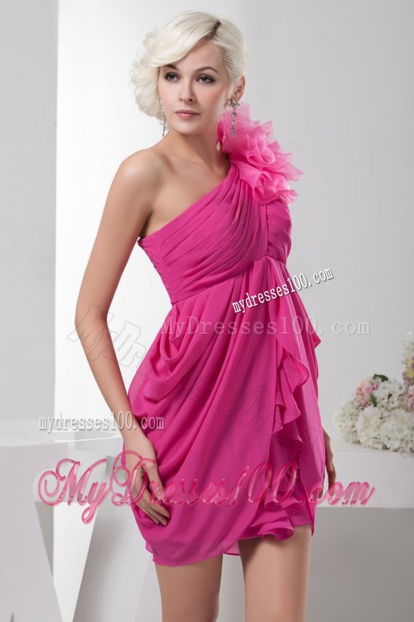 Empire One Shoulder Empire Hot Pink Chiffon Mini-length Evening Dress