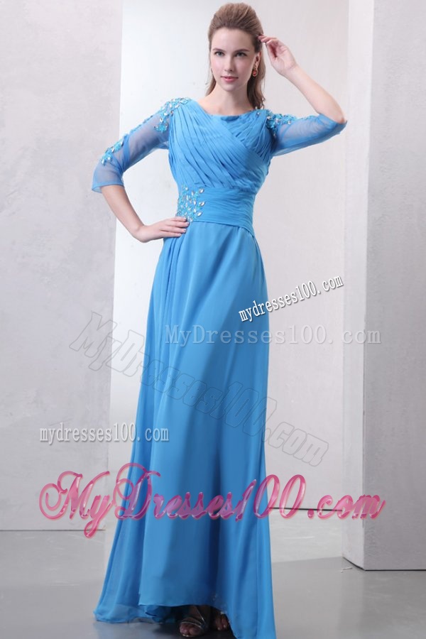 Empire Scoop Appliques with Beading 3/4-Length Sleeves Teal Evening Dress