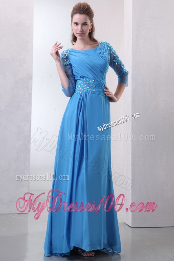 Empire Scoop Appliques with Beading 3/4-Length Sleeves Teal Evening Dress