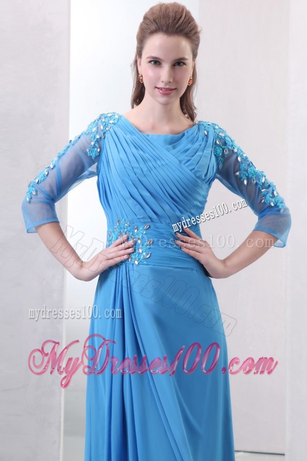 Empire Scoop Appliques with Beading 3/4-Length Sleeves Teal Evening Dress