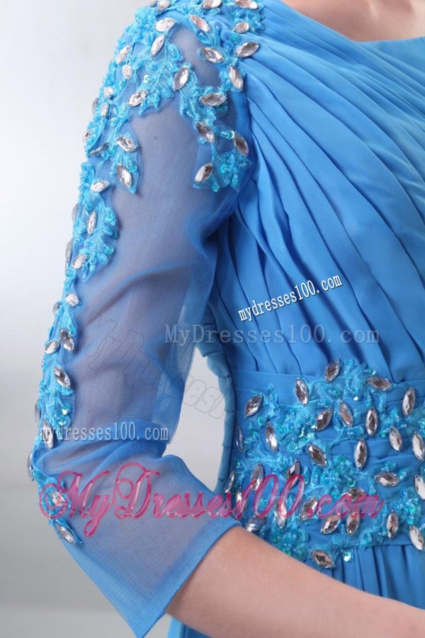 Empire Scoop Appliques with Beading 3/4-Length Sleeves Teal Evening Dress