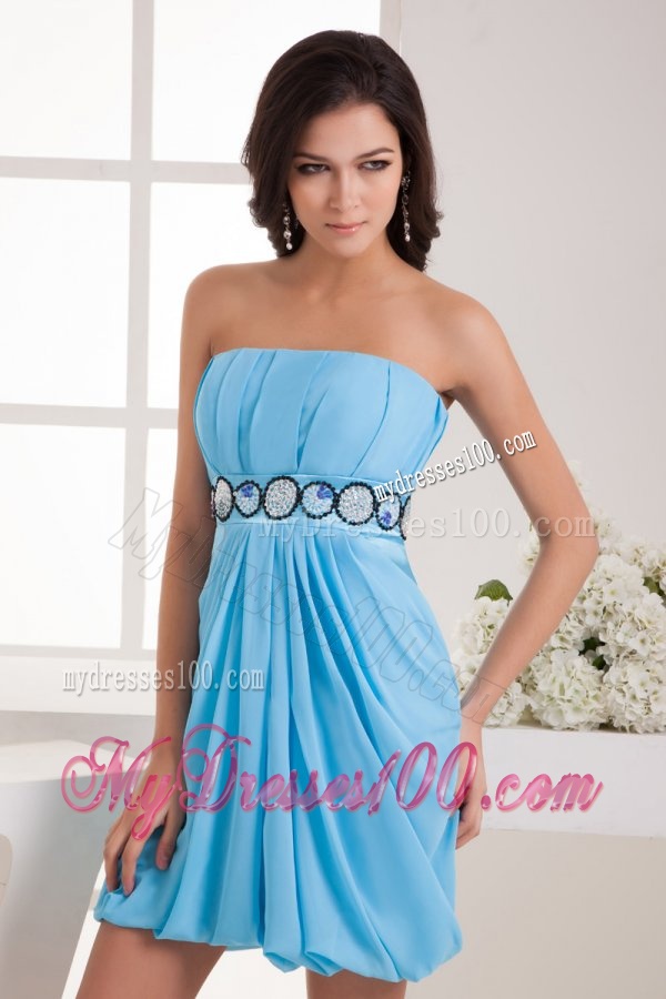 Empire Strapless Blue Chiffon Mini-length Evening Dress