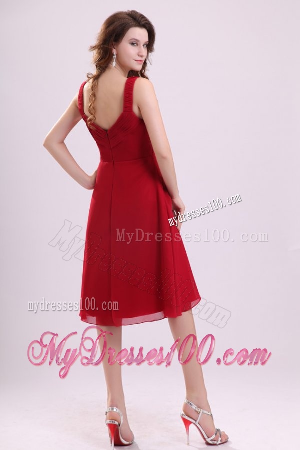 Empire Straps Ruching Chiffon Knee-length Wine Red Evening Dress