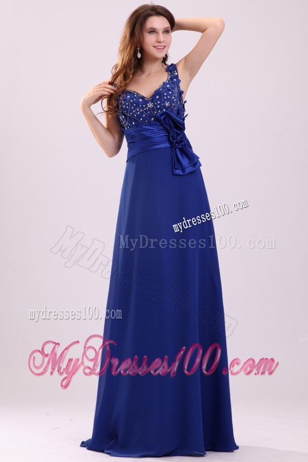 Empire V-neck Blue Blue Beading and Bowknot Taffeta Evening Dress