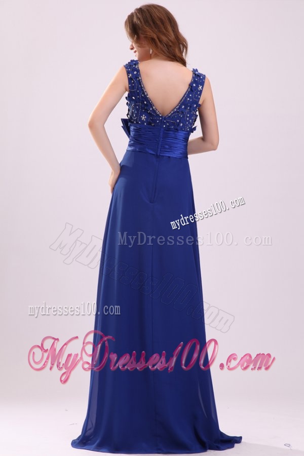 Empire V-neck Blue Blue Beading and Bowknot Taffeta Evening Dress