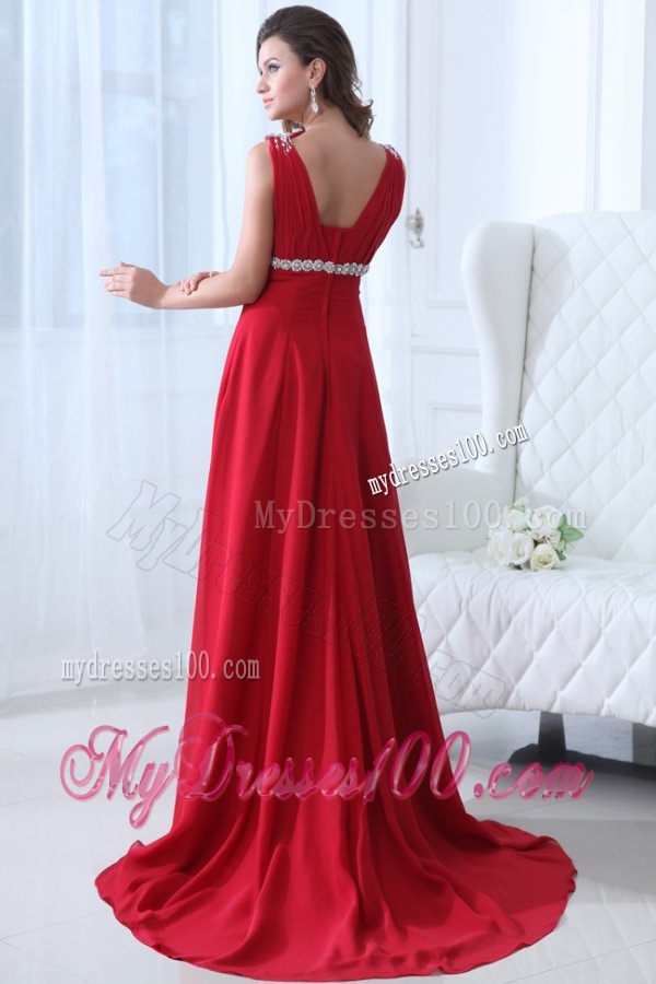 Empire V-neck Brush Train Beading Chiffon 2016 Spring Red Evening Dress