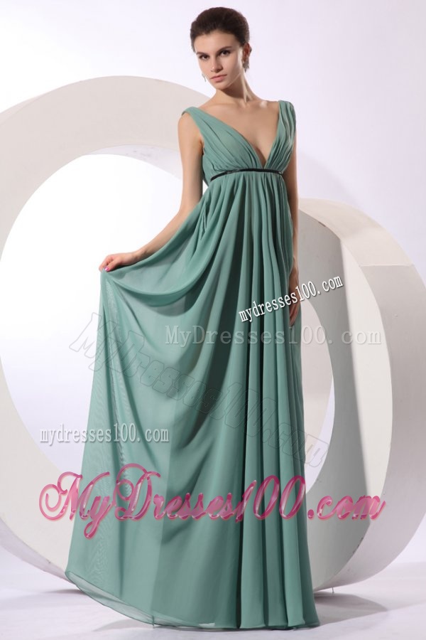 Empire V-neck Floor-length Light Blue Ruching Chiffon Evening Dress