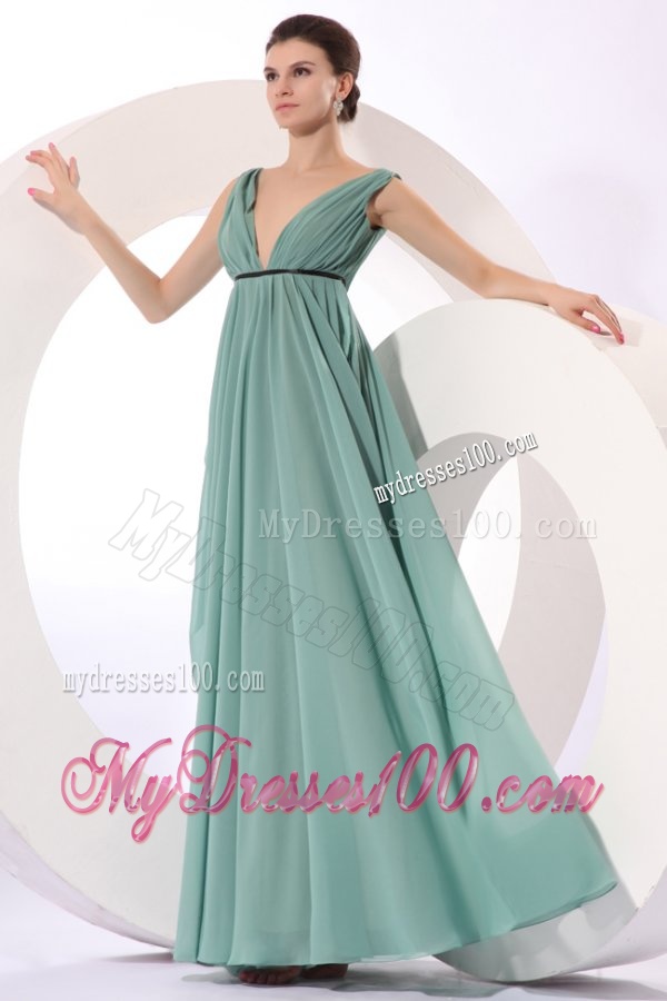 Empire V-neck Floor-length Light Blue Ruching Chiffon Evening Dress