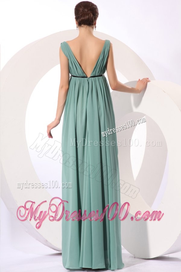 Empire V-neck Floor-length Light Blue Ruching Chiffon Evening Dress