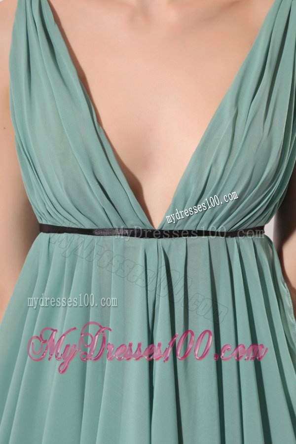 Empire V-neck Floor-length Light Blue Ruching Chiffon Evening Dress