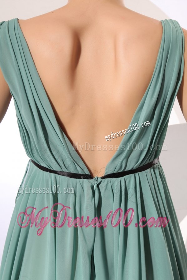 Empire V-neck Floor-length Light Blue Ruching Chiffon Evening Dress