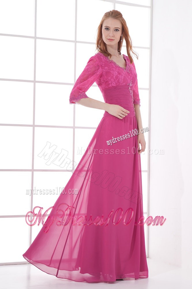 Empire V-neck Half sleevess Lace Pink Evening Dress