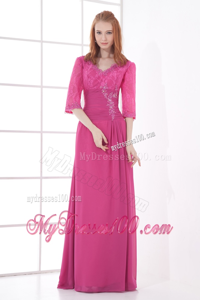 Empire V-neck Half sleevess Lace Pink Evening Dress