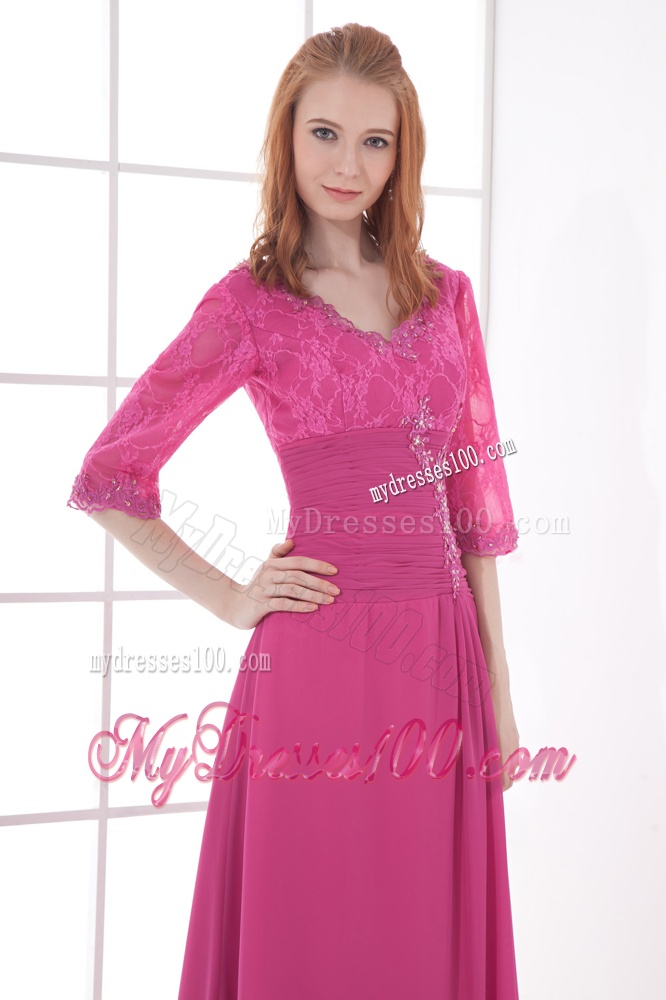 Empire V-neck Half sleevess Lace Pink Evening Dress