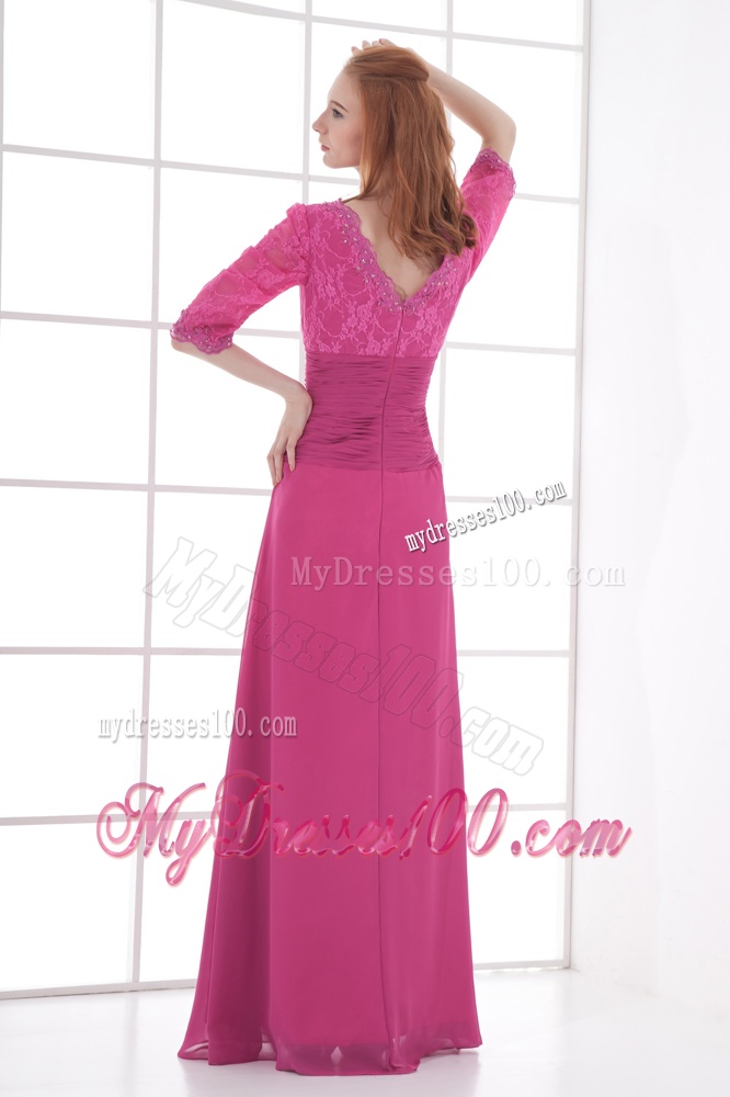 Empire V-neck Half sleevess Lace Pink Evening Dress