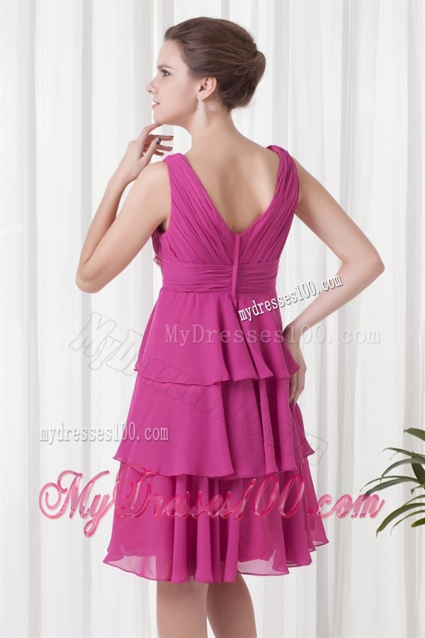 Empire V-neck Knee-length Fuchsia Chiffon Ruching Evening Dress
