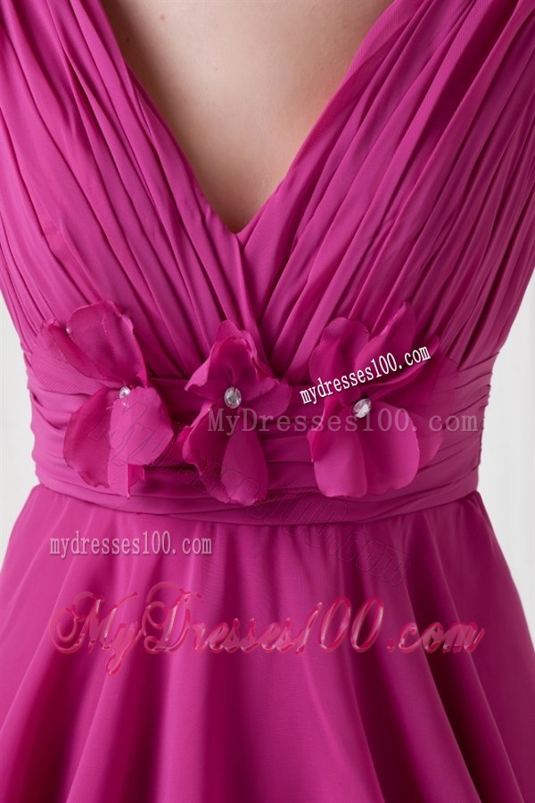 Empire V-neck Knee-length Fuchsia Chiffon Ruching Evening Dress