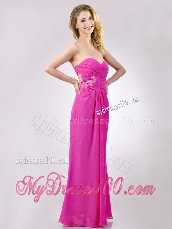 Fashionable Sweetheart Backless Beaded and Ruched Evening Dress in Hot Pink
