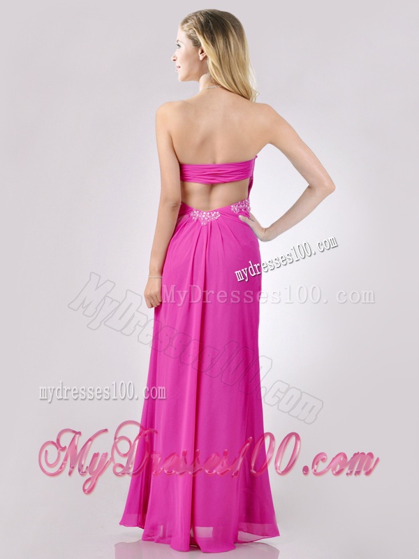 Fashionable Sweetheart Backless Beaded and Ruched Evening Dress in Hot Pink