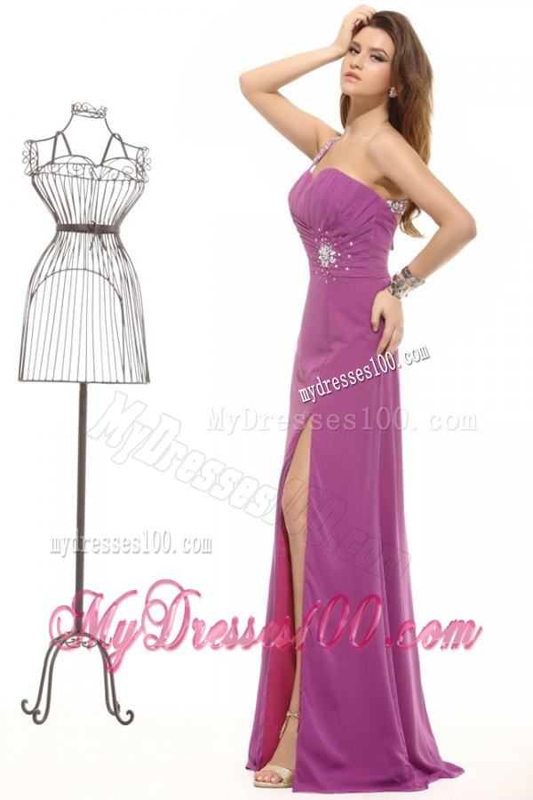 Fuchsia Column Beading One Shoulder Chiffon Evening Dress with Criss Cross