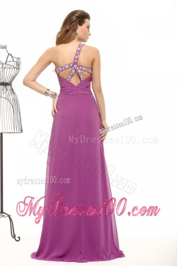 Fuchsia Column Beading One Shoulder Chiffon Evening Dress with Criss Cross