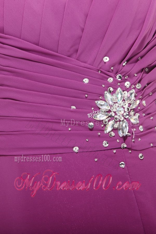 Fuchsia Column Beading One Shoulder Chiffon Evening Dress with Criss Cross