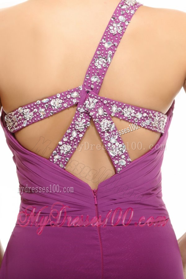 Fuchsia Column Beading One Shoulder Chiffon Evening Dress with Criss Cross