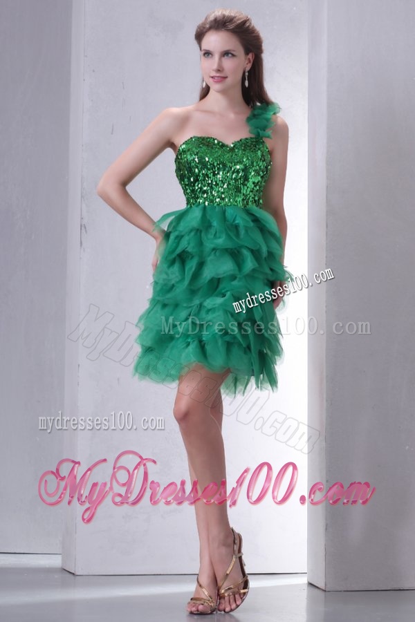 Green One Shoulder Mini-length Sequins and Ruffled Layers Evening Dress