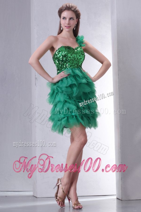 Green One Shoulder Mini-length Sequins and Ruffled Layers Evening Dress