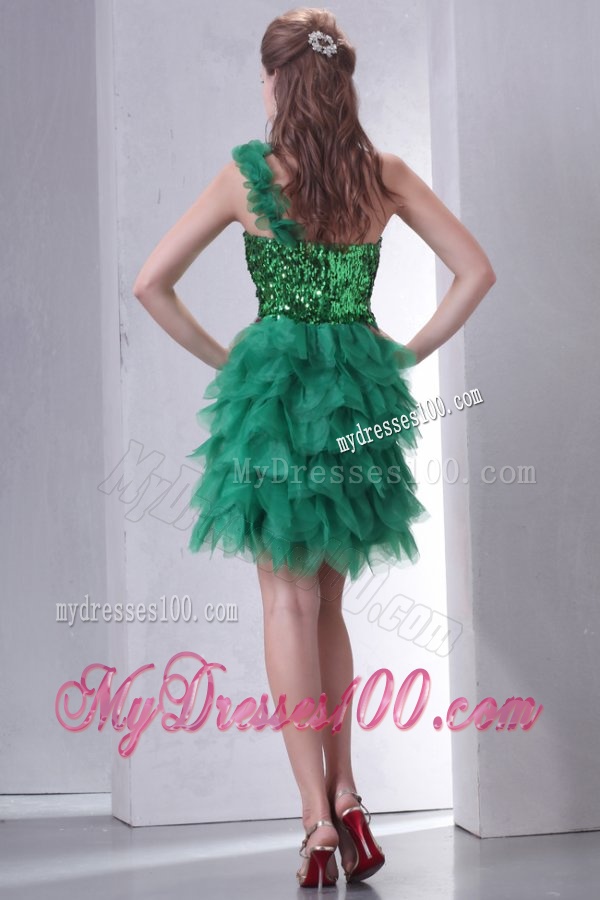 Green One Shoulder Mini-length Sequins and Ruffled Layers Evening Dress