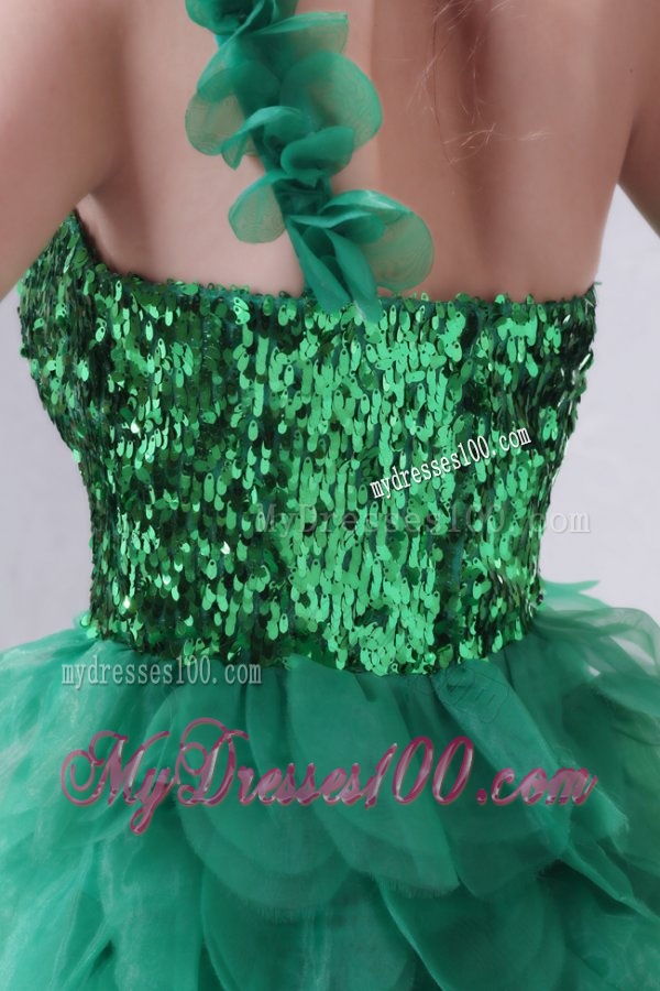 Green One Shoulder Mini-length Sequins and Ruffled Layers Evening Dress