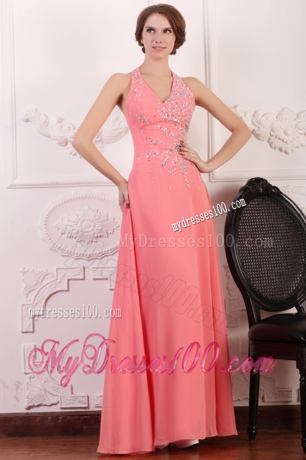Halter Top Neck Chiffon Empire Beaded Decorate Full Length Evening Dress