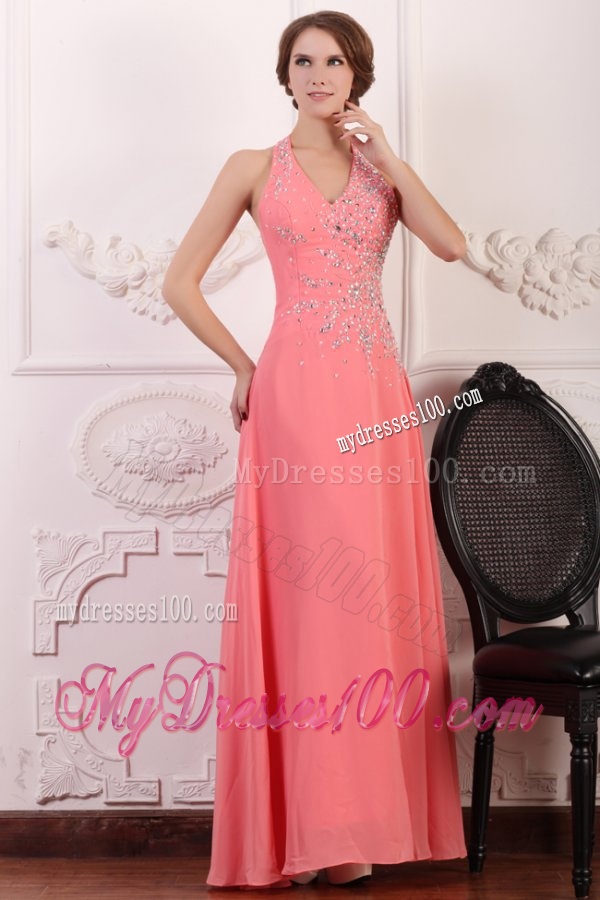 Halter Top Neck Chiffon Empire Beaded Decorate Full Length Evening Dress