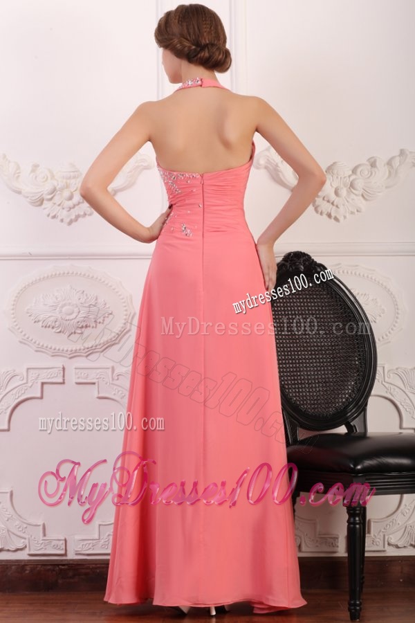 Halter Top Neck Chiffon Empire Beaded Decorate Full Length Evening Dress