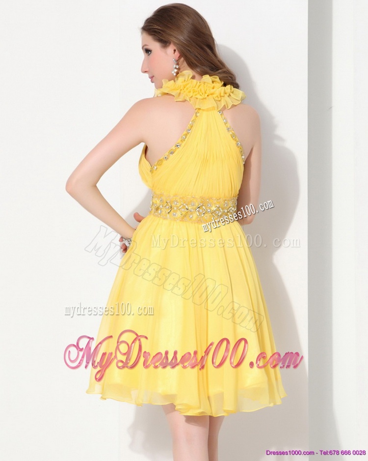 Halter Top Ruffled Evening Dresses with Beading
