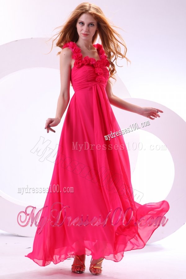 Hot Pink Empire Straps Ankle-length Ruching Chiffon Evening Dress