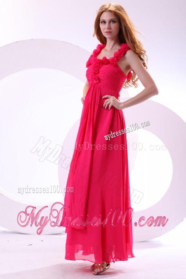 Hot Pink Empire Straps Ankle-length Ruching Chiffon Evening Dress