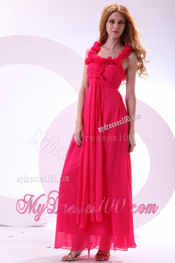 Hot Pink Empire Straps Ankle-length Ruching Chiffon Evening Dress