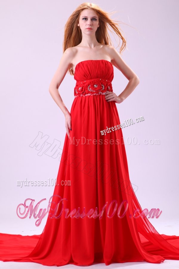 Informal Empire Strapless Chiffon Hand Made Flowers Brush Train Red Evening Dress