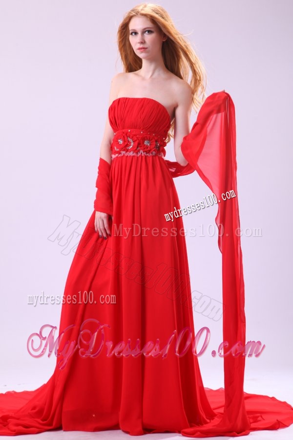 Informal Empire Strapless Chiffon Hand Made Flowers Brush Train Red Evening Dress